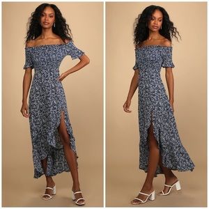 LULU’S Fleur-tation Navy Blue Floral Print Off-the-Shoulder Midi Dress